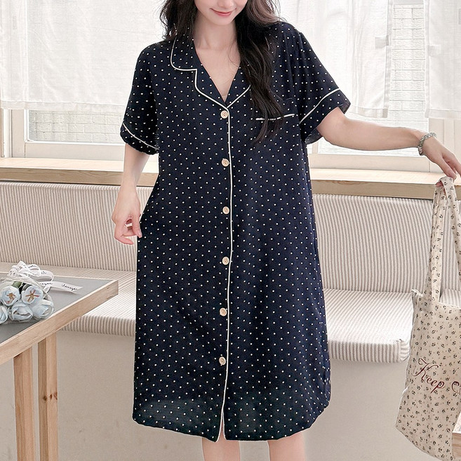 엘라운지 44~77 냉감 요루 카라 반팔 원피스 잠옷