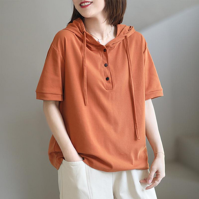 메인워크 중년 여성 빅사이즈 반팔 후드티 여름 냉장고 엄마룩 순면 데일리 루즈핏 심플 캐주얼 얇은 맨투맨 속건 트레이닝 상의