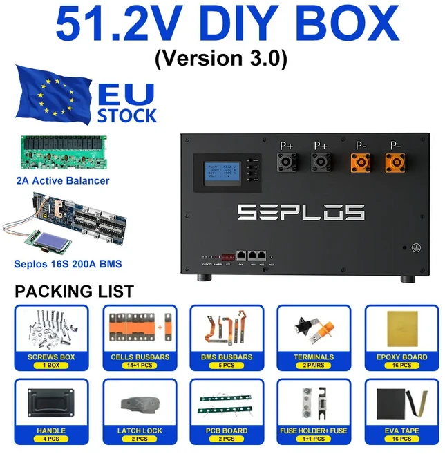 Seplos V3 V4 LiFePO4 배터리 EVE 팩 51.2V 280ah DIY 키트 300AH 스마트 BMS 48V 케이스 박스, 05 Without Battery, 01 China Mainland, 02 V3 BOX Stacked