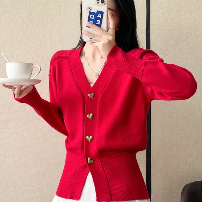 Makone 여성 솔리드 니트 가디건 브이넥 캐주얼 심플 데일리룩 단추 포인트