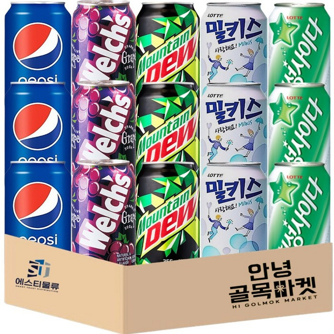 뚱캔 5종 15입 세트 ( 웰치스 포도 3 칠성 사이다 3 펩시 콜라 3 롯데 밀키스 마운틴듀 3 ) 음료 세트, 15개, 355ml