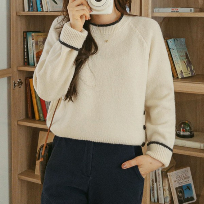 [마이더스비] 스탠 배색 버튼 울 니트