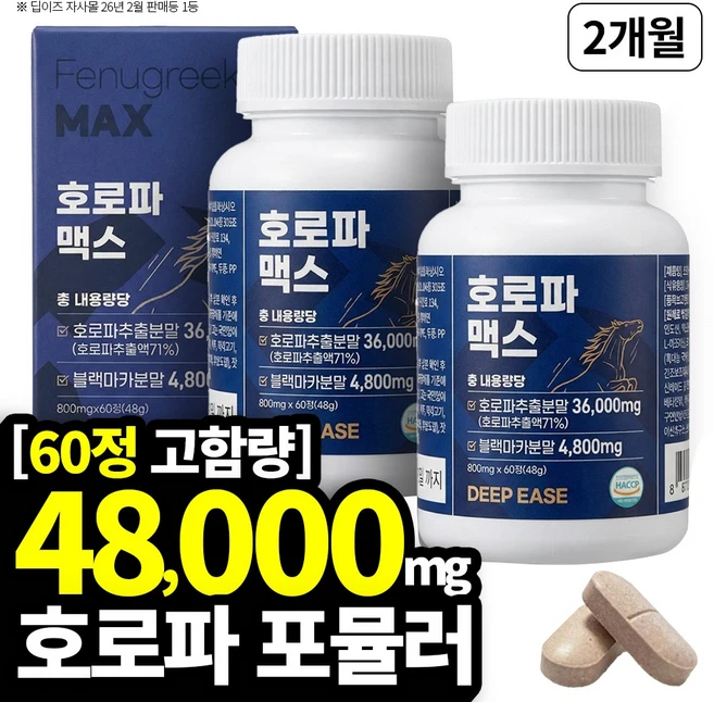 딥이즈 호로파 맥스 48000mg 호로파 추출물 캡슐 haccp 식약청인증 Fenugreek 600mg, 2개, 60정 - 쿠팡