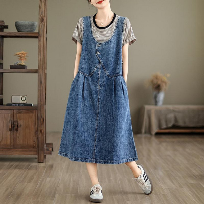 WPUY 여름 여성 롱 데님 조끼원피스 오버핏 셔링 A라인 민소매 청치마 캐주얼 빅사이즈 M~2XL 멜빵 포켓 청조끼 미디 롱 청원피스