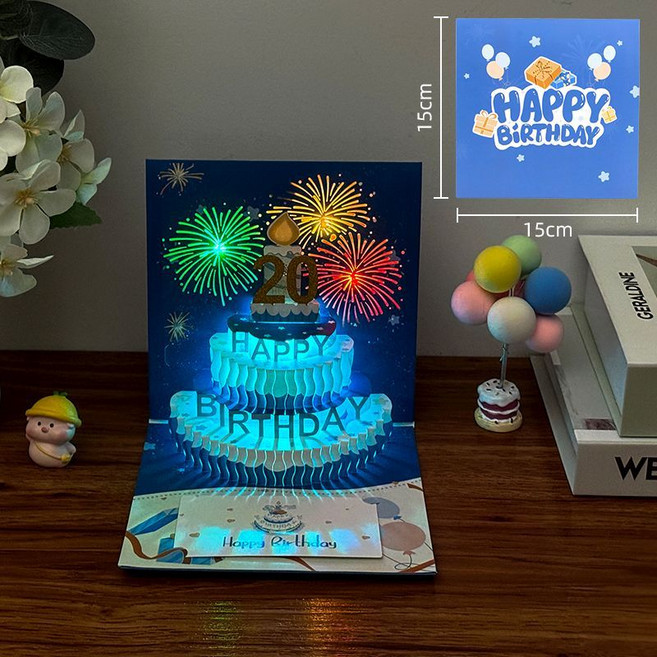 3D立體聲光音樂生日賀卡, 藍色, 1個裝