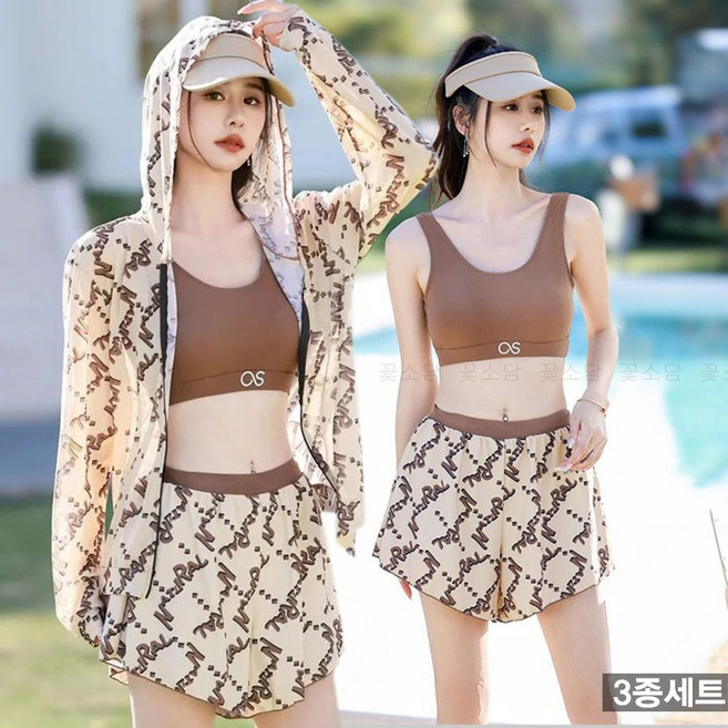 꽃소담 여성 자외선차단 커버업 수영복 상하의 3종세트 실내 온천 비치웨어 A-L26A83, 블랙