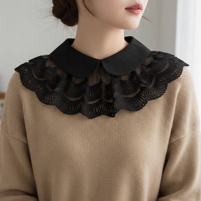 여성 클래식 로맨틱 레이스 프릴 둥근 페이크 카라 레이어드 넥케이프 F674