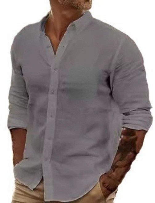 速賣通新款男士純色亞麻翻領開衫長袖寬鬆男士襯衫男裝長袖鈕釦款