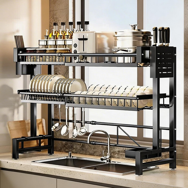 폭조절 가능 식기 건조대 다기능 식기건조대 선반형 1000, 1개, 블랙, 2단