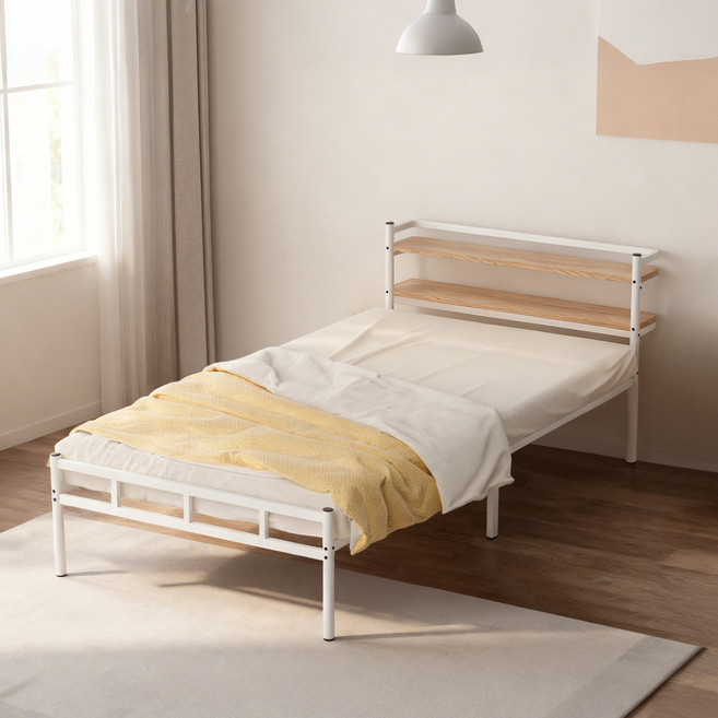 라이프소 철제 침대 프레임 헤드형 수납침대 프레임 선반 2단 포함, 화이트