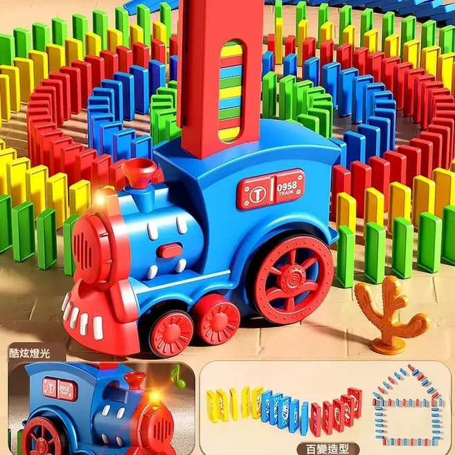 電動火車積木擺放玩具 兒童益智遊戲, 電動火車 - 紅：電池版 40骨牌 單彈夾 燈光音效 百變造型, 1個