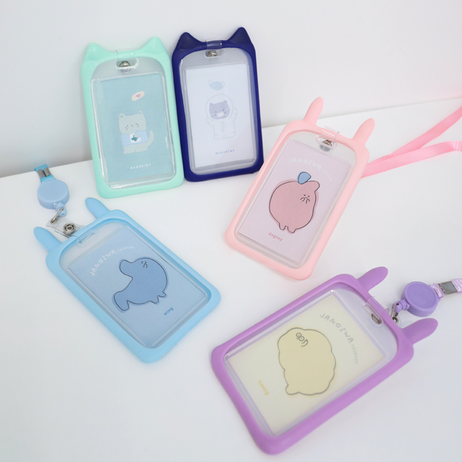 너스키니 깡총 토끼 고양이 실리콘 사원증 케이스 캐릭터 릴형 사원증 줄 목걸이 릴홀더 카드 수납 투명 사원증 케이스, 깡총연핑크