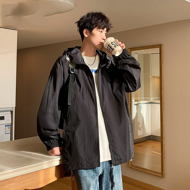 남성 자외선차단 바람막이 후드 집업 자켓 캐주얼 루즈 핏 큰사이즈 바람막이 JS, 블랙