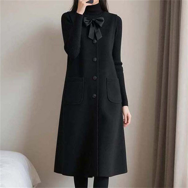 AOKADA 여성 가을 겨울 루즈핏 민소매 A라인 리본 오피스룩 하객룩 조끼 베스트 미디 정장 원피스