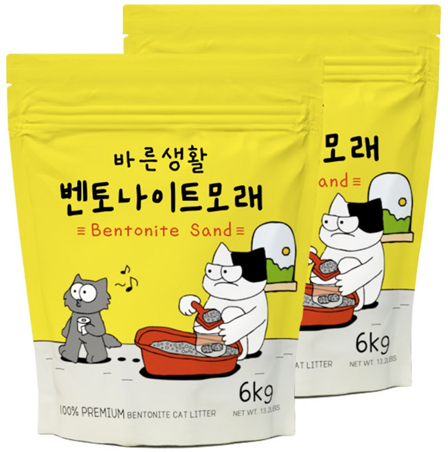 바른생활 먼지없는 벤토나이트 고양이모래, 무향(10L), 2개, 6kg