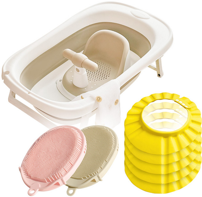 리틀클라우드 아기 욕조 목욕 용품 세트, 접이식+의자+옐로우 샴푸캡5P+샤워타올2P