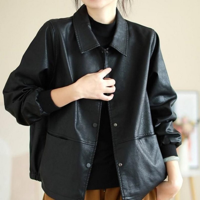 PEROLA 여성 숏 인조 가죽 재킷 봄 가을 방수 가죽 코트 루즈핏 캐주얼 PU 가죽 재킷