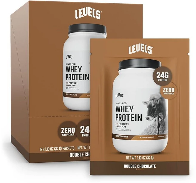 Levels 목초 사육 유청 단백질 파우더 인공 성분 없음 단백질 24G 바닐라 시나몬 0.9kg(2파운드), 12회분(1개), 더블 초콜릿, 900g - 쿠팡