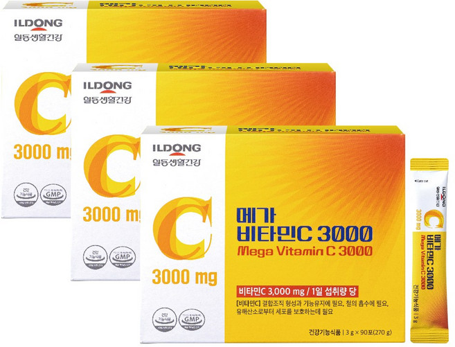 ILDONG 메가 비타민C 3000mg 고함량 순수 비타민C 100% (3개월분), 3박스, 270g