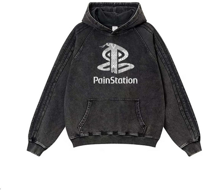 PainStation 水洗黑 美式復古連帽衛衣