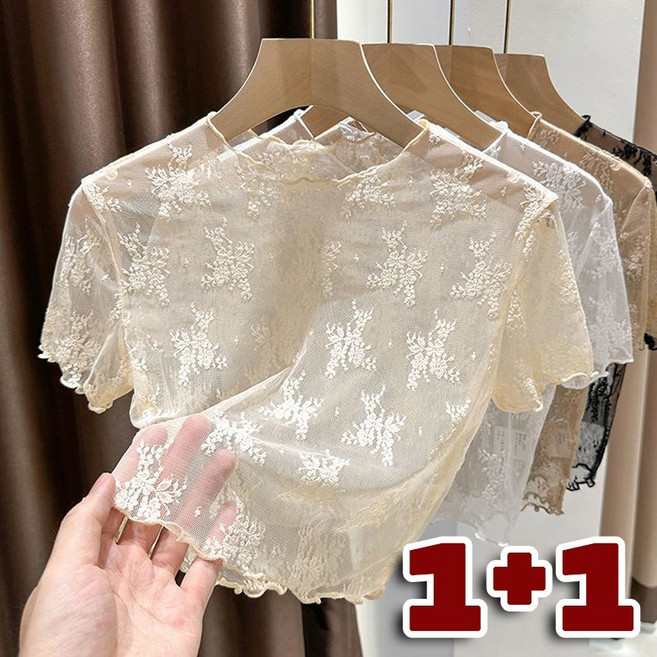 2장세트 1+1 시스루 레이스 망사티 여름 슬림핏 반팔 티셔츠 데일리 통기 크롭티