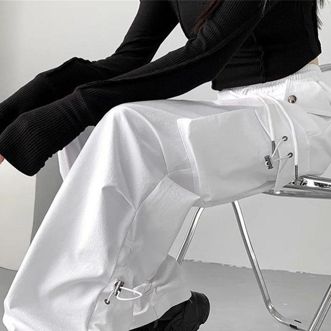 Vezri 여성 카고 바지 봄 가을 편안한 허리 밴딩 캐주얼 와이드 팬츠 ZFY