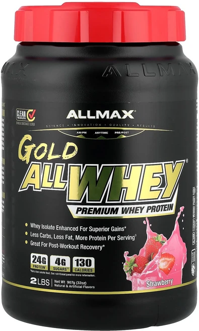 ALLMAX Gold AllWhey® 프리미엄 유청 단백질 딸기 맛 907g(2lb) ALLMAX (올맥스), ALLMAX, Gold AllWhey®, 프리미엄 유, 907g, 1개 - 쿠팡