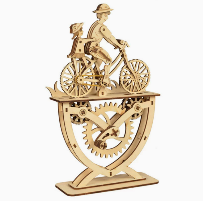 가족함께 라이딩 우드 조립 모델 3D 입체 기어 자전거 DIY 수제 지능형 완구 명절 감사 선물, 1개, 아버지와 딸, 125피스