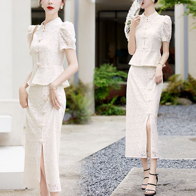 여름 여성 세미 치파오 스커트 세트 퍼프 반팔 톱 트임 힙업 스커트 투피스