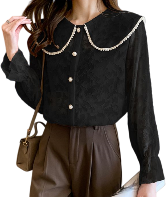 Makone 여성 빅카라 변도리 진주 장식 레이스 블라우스 큐티 데일리 오피스 데이트룩