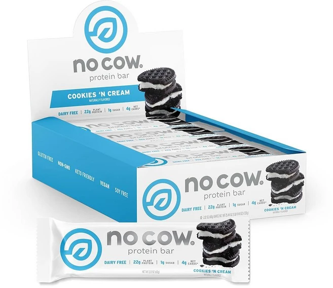 No Cow 고단백질 바 초콜릿 땅콩 버터 컵 - 건강한 간식 비건 단백질 20g 고섬유질 저설탕 케토 친화적 유제품 및 글루텐 프리 (12개), 쿠키 및 크림, 12 Count (Pack of 1), 1개 - 쿠팡