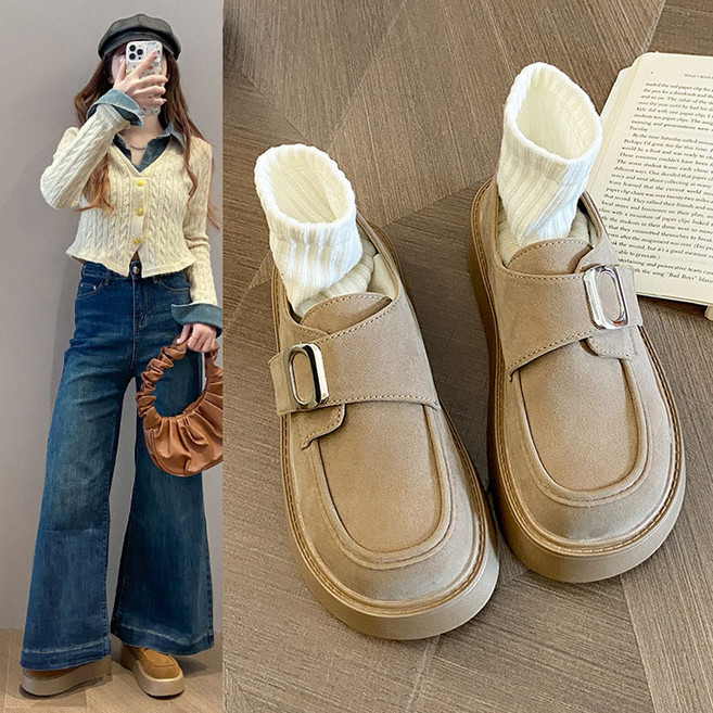 FANSYLI 여성 빅사이즈 통굽 로퍼 봄가을 벨크로 스웨이드 플랫 패션 키높이 캐주얼화 W2601J07