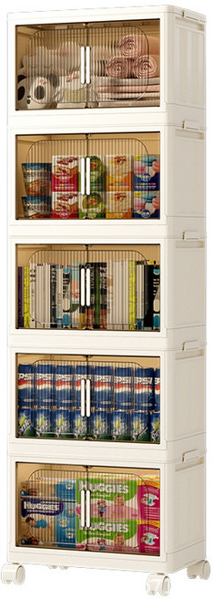 다용도 접이식 수납장 조립형 이동식 옷장 5단, 폭 40mm (크림 옐로우 + 투명 그레이)