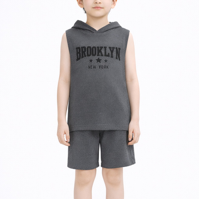 지디오 주니어 공용 여름 상하복 민소매 후드 티셔츠 밴딩 반바지 팬츠 슬리브리스 레터링 나시 쇼츠 셋업