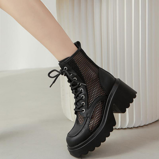 FANSYLI 여성 펀칭 통굽 부츠 여름 얇은 메쉬 워커 키높이 샌들 W2506J22