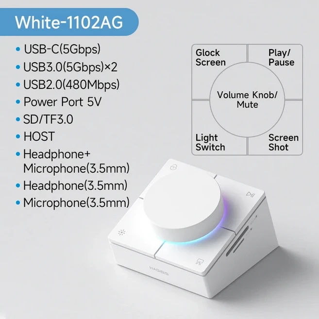Hagibis 손잡이 USB C 허브(단축 버튼 포함) Type-C 도킹 스테이션 볼륨 조정 Macbook용 데스크탑 컨트롤러, 03 White-Without RJ45