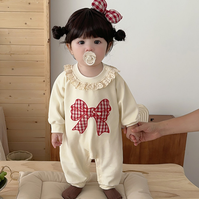 몽실이 러블리 체크리본 레이스 우주복 유아용 여아 봄 가을 외출복