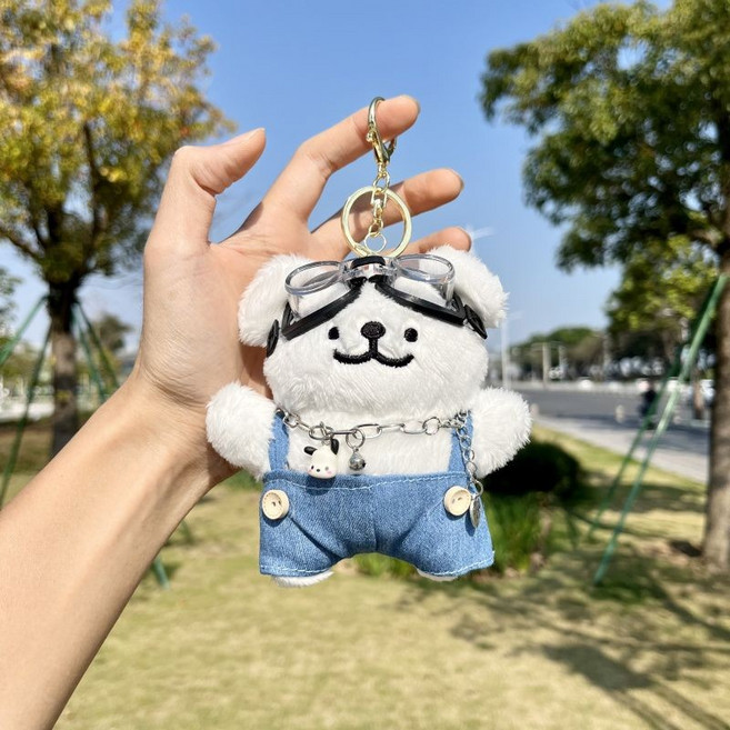 可愛線條小狗毛絨公仔掛件, 1個, 白牛仔狗+項鍊+眼鏡
