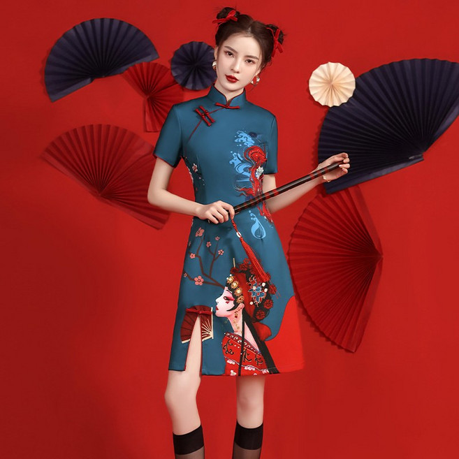 戲曲 復古中國風印花短旗袍 改良式時尚連身洋裝, 單色