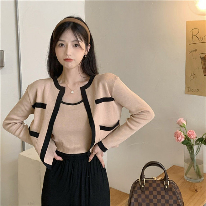 besteffie 여성 배색 포인트 봄 가을 노카라 루즈핏 니트 가디건 나시 세트 모던 스타일 K63
