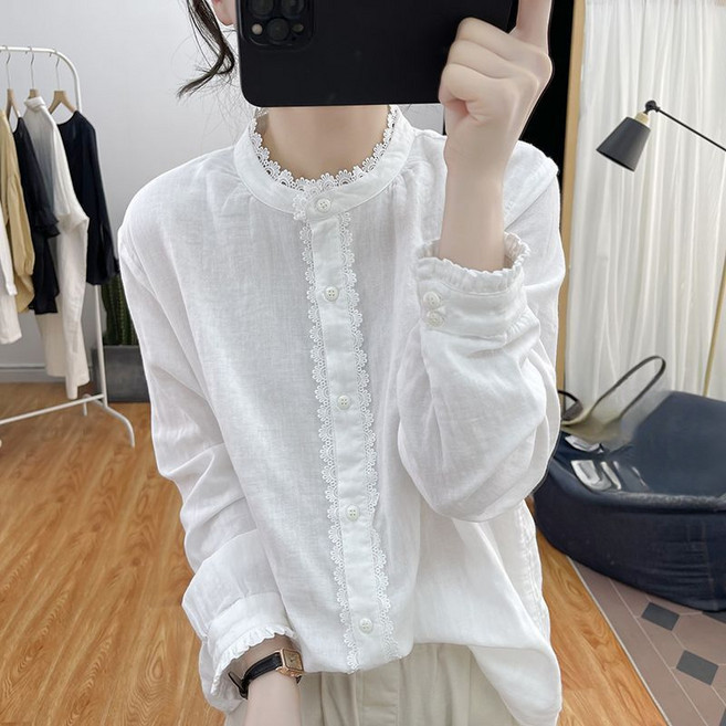 DUOMIHAN여성 레이스 단추 블라우스 차이나넥 긴팔 셔츠WZS60316
