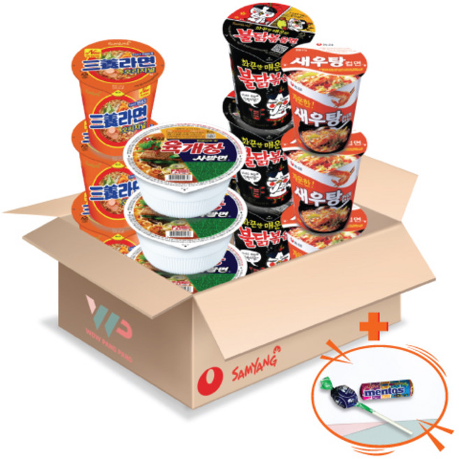 농심 삼양 컵라면 소컵 4종 혼합세트 육개장사발면 3컵+새우탕 3컵+불닭볶음면 3컵+삼양라면 3컵 총 12컵입 미니 멘토스+투시팝 사탕 사은품 2종 증정, 1개