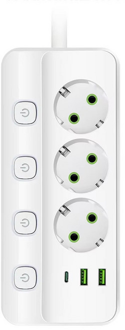 멀티탭 3구 개별 스위치 + USB 2포트 + TYPE-C 1포트 16A 2500W, 1개, 화이트, 1.9m