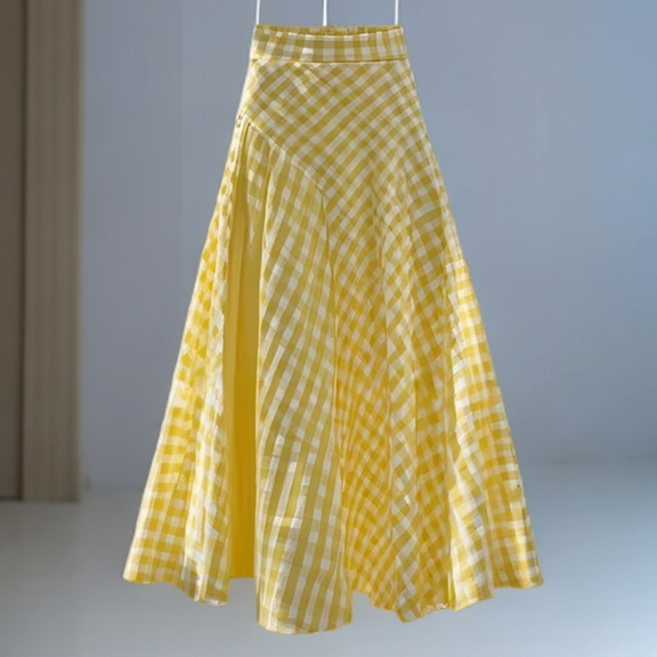 쁘띠꼬모 여성 하이웨이스트 깅엄 체크 A라인 플레어 롱 스커트 GX570907