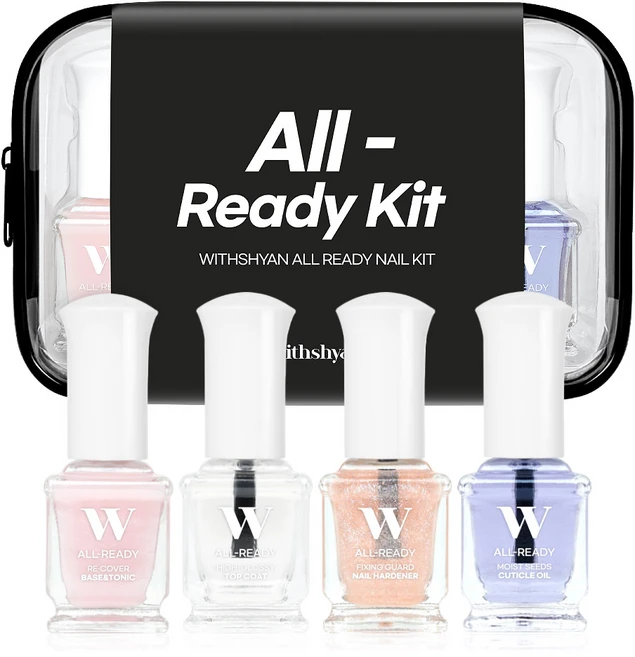 위드샨 올레디 네일케어 키트 4종 + 파우치 세트, 1세트, 베이스 & 영양제 + 탑코트 + 네일하드너 + 큐티클오일 - 쿠팡