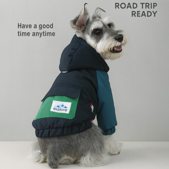 애견 강아지옷 후드 올인원 하네스 기모 따뜻한 반려동물 패딩 올인원, 1개, 남색