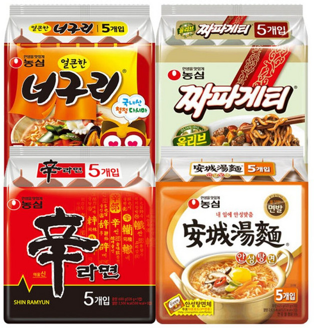 농심 봉지라면 혼합 20봉(신라면+안성탕면+너구리+짜파게티 각 5봉), 20개