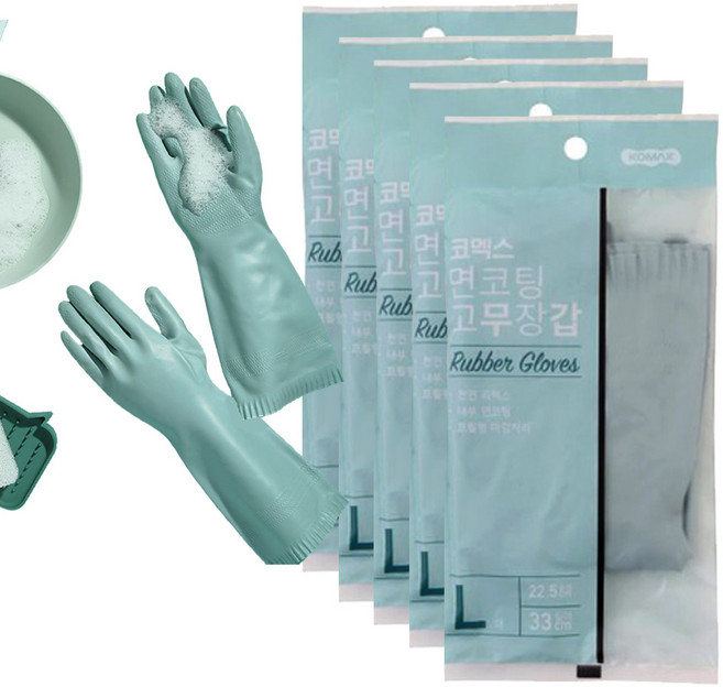 코멕스 면코팅 고무장갑, 민트, 대(L), 5개