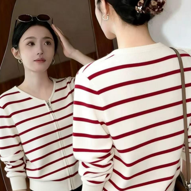 제이씨엠 JCM624 여성 캐주얼 스트라이프 라운드넥 집업 줄무늬 니트 가디건