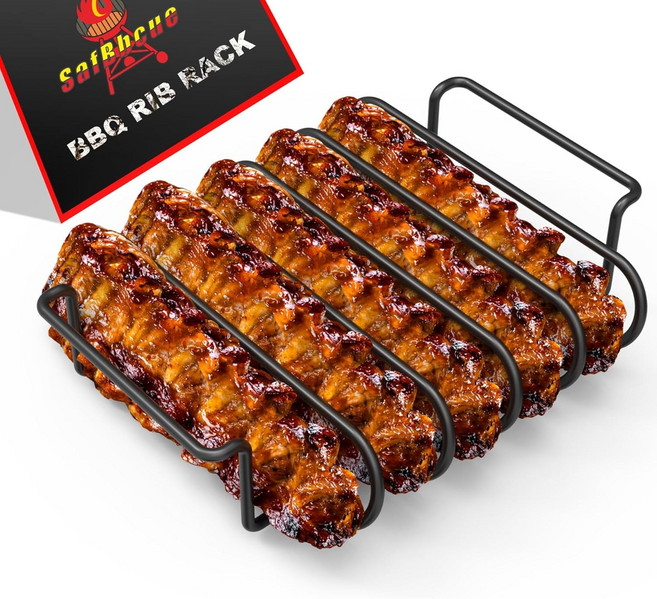 SafBbbcue BBQ 리브 랙 논스틱 코팅 스틸 로스팅 스탠드 흡연 및 그릴용 5개 웨버 스모커 또는 내구성 남성용 프리미엄 그릴 액세서리 포함, Non-stick Steel